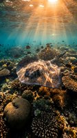 Stingray gliding over vibrant coral reef with golden sunbeams penetrating crystal clear tropical waters creating magical underwater seascape for marine life photography.