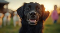 Happy black Labrador retriever dog with friendly smile and bright eyes against golden sunset background, people silhouettes in park setting, shallow depth of field portrait.
