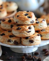 Fresh baked raisin scones stacked on white cake stand, showing flaky layers and plump dried fruit scattered throughout golden-brown pastries. Food photography.