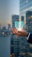 Businessman holding glowing neon face mask icon above palm against blurred cityscape, representing artificial intelligence, digital identity, facial recognition technology, and innovation.