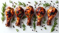 Grilled chicken drumsticks with rosemary sprigs and peppercorns on white background. Juicy meat with crispy charred skin and fresh herbs for food photography.
