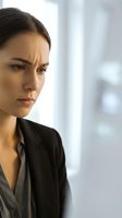 Young Caucasian businesswoman with serious, concerned expression in modern office, wearing black blazer, conveying stress and focus.