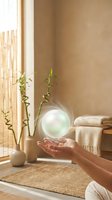 Hands holding glowing energy sphere in zen spa interior with bamboo plants and natural sunlight for wellness meditation and spiritual healing practices.