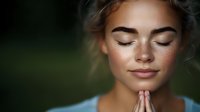 Young woman with freckles and natural makeup meditating outdoors with closed eyes and hands in prayer position against blurred green background.