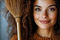 Young mixed-race woman with curly hair holding natural broom, smiling warmly in cozy autumn sweater for eco-friendly cleaning and sustainable lifestyle concepts.