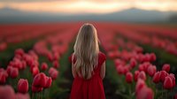 Young woman with long blonde hair in red dress standing in blooming tulip field at sunset, view from behind. Dreamy spring countryside landscape.