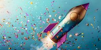 Retro style rocket ship blasting through colorful confetti and sparkles against turquoise background. Dynamic composition with motion blur effect creates festive celebration mood.
