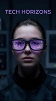 Young woman with dark hair and fair complexion wearing futuristic purple-tinted glasses displaying digital data, representing technology innovation and digital transformation for tech industry concepts.