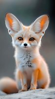 Adorable red fox kit with large ears and bright amber eyes sitting on rocky surface, soft natural lighting creates warm glow on fluffy orange and white fur.