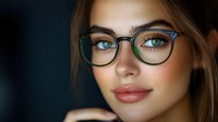 Young woman with blue eyes wearing stylish eyeglasses against dark background, close up portrait showcasing natural makeup and modern optical fashion.