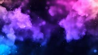 Vibrant cosmic clouds in pink, purple and blue colors with glowing particles create dreamy galaxy atmosphere against dark space background.