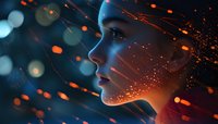 Female profile silhouette with glowing orange sparks and blue bokeh lights creating magical atmosphere. Artistic portrait concept for book covers and fantasy designs.