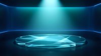 Futuristic blue glowing podium stage with neon lights and sci-fi atmosphere for product display presentation and modern technology showcase design.