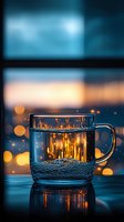 Glass mug filled with sparkling water on reflective surface with warm bokeh lights and blue evening atmosphere creating cozy ambiance for beverage concepts.