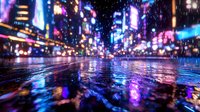 Vibrant neon lights reflect on wet city streets during rainfall, creating colorful bokeh effects and puddle reflections in urban nightlife scene. Modern metropolitan atmosphere.