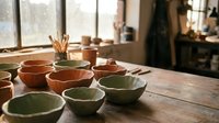 Handmade ceramic bowls in earthy tones displayed on wooden table in pottery studio workshop with natural lighting and artisan tools in background.