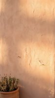 Warm terracotta textured wall with natural cracks and weathered plaster surface featuring small potted herbs in rustic Mediterranean interior design setting.