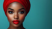 Young African woman wearing bright red headwrap and lipstick against turquoise background, showcasing flawless makeup and glowing skin in beauty portrait.