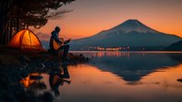 Camper sits by glowing tent at lakeside during golden sunset with mountain reflection in calm water. Peaceful outdoor adventure and wilderness camping scene.