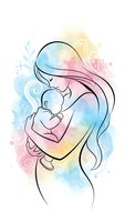 Tender mother holding newborn baby in loving embrace with flowing hair against soft watercolor background for motherhood and parenting designs.