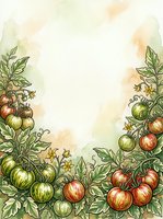 Tomato plants with ripe and unripe fruits, green foliage, and delicate flowers arranged on left and right sides with watercolor wash background, isolated on white for design use.
