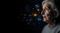 Senior woman with digital network connections and glowing data points representing artificial intelligence and technology integration in healthcare.