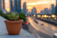 Small succulent plant in terracotta pot against urban cityscape silhouette during golden sunset, with blurred highway and bokeh lights creating peaceful urban nature contrast.