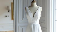 Elegant white wedding dress on mannequin with plunging v-neckline and flowing skirt, showcasing minimalist bridal fashion in light-filled room with classic molding.