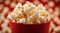 Fresh popcorn overflowing in red polka dot bowl against blurred festive background. Close-up view captures light, fluffy texture and golden kernels.