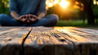 Person meditating in lotus position on rustic wooden surface during golden sunset in park, selective focus on textured wood grain foreground creates peaceful atmosphere.