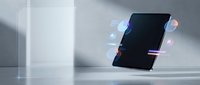 Modern smartphone floating with holographic interface elements and digital icons in minimalist tech environment for mobile app development presentations.
