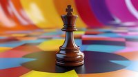 Dark wooden chess king piece standing on vibrant multicolored abstract background with circular patterns, symbolizing leadership and strategy in business and games.