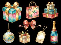 Colorful gift boxes, shopping bag, champagne bottle, ornament, and bows isolated on transparent background. Ready for t-shirt designs, stickers, clipart, sublimation, and print-on-demand products.