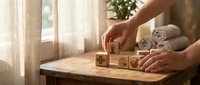 Hands arranging wooden blocks with wellness symbols on rustic table in bright spa room with towels and natural light for relaxation concept.