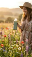 Smiling young Caucasian woman in floral dress and straw hat holding green smoothie bottle in blooming wildflower meadow at golden sunset.