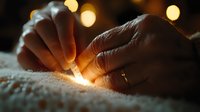 Gentle hands placing a glowing sparkler in soft white snow with warm bokeh lights creating magical winter holiday atmosphere and festive mood.