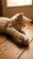 Fluffy orange and white kitten lounging on wooden floor near window, relaxed domestic pet playing with toy ball indoors.