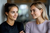 Two young Caucasian women with natural makeup smiling and looking at each other during friendly conversation. Brunette in black and blonde in purple casual tops.