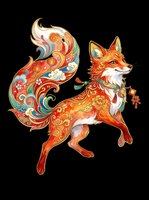 Ornate fox with colorful swirling tail, lanterns, and floral motifs in Asian folk art style, isolated on transparent background, for stickers, t-shirts, print on demand.
