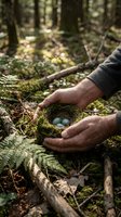 Hands protecting bird nest with blue eggs in forest moss, wildlife conservation and nature protection concept for environmental awareness campaigns.