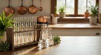 Modern kitchen laboratory with glass test tubes in wooden rack and copper cookware hanging in background creating scientific cooking atmosphere.