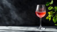 Glass of rose wine on marble table with green grape leaves against dark background, dramatic lighting creates elegant mood for wine tasting or fine dining.