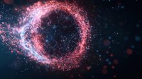 Glowing pink and blue circular energy wave with sparkling particles against dark space background creates mesmerizing cosmic portal effect.