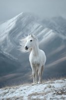 Majestic white horse with flowing mane standing on snowy mountain slope against dramatic misty peaks backdrop creating powerful wilderness scene.
