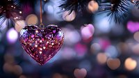 Pink glittering heart-shaped Christmas ornament hanging on pine branch with soft bokeh lights creating romantic holiday atmosphere.