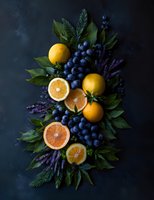 Moody still life with fresh citrus fruits, blueberries and lavender arranged on dark background with green leaves for food photography or menu design.