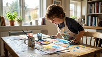 Young boy artist painting watercolor artwork at wooden table in bright home studio with brushes and art supplies.