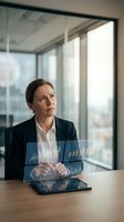 Professional businesswoman analyzing holographic data charts and graphs in modern office environment for corporate strategy and financial planning.