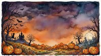 Halloween landscape with carved pumpkins, bare trees, flying bats and spooky cemetery under dramatic sunset sky for seasonal decorations and greeting cards.
