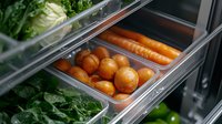 Fresh organic produce in stainless steel containers at salad bar. Oranges, carrots and leafy greens arranged in restaurant buffet display for healthy eating.